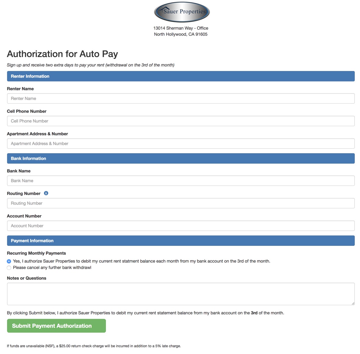 Sauer Properties FileMaker Residential Rental Property Mangement -- Authorization Page